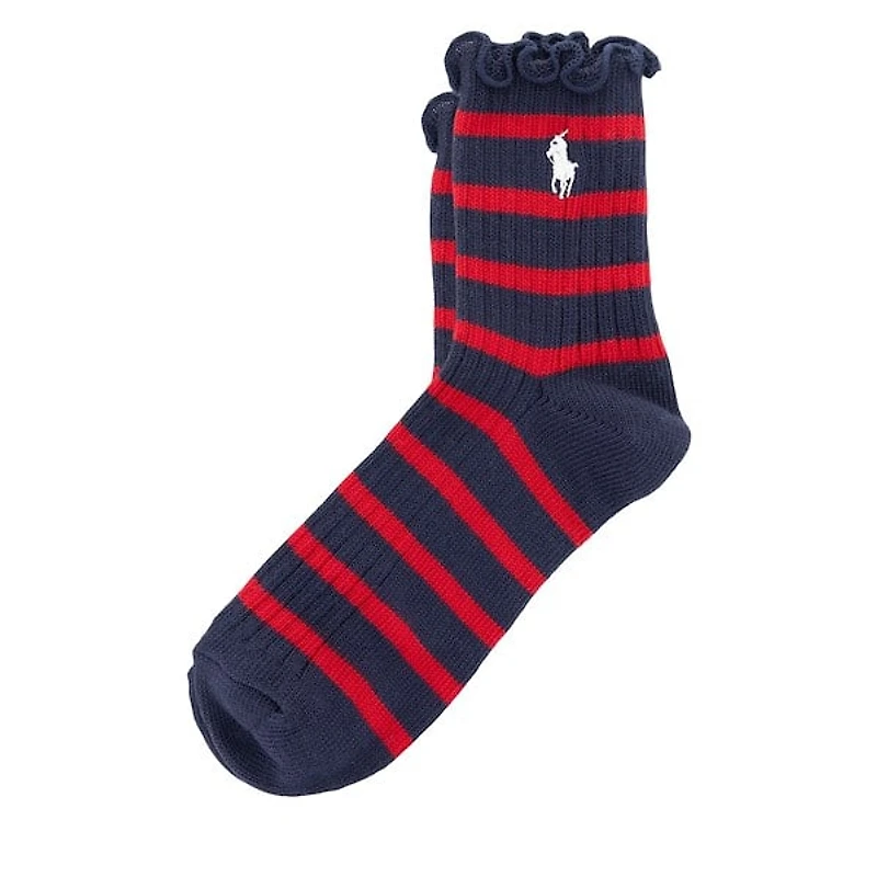 Polo Ralph Lauren Striped Lettuce Edge Ankle Socks in Navy/Red in Marine, Polyester