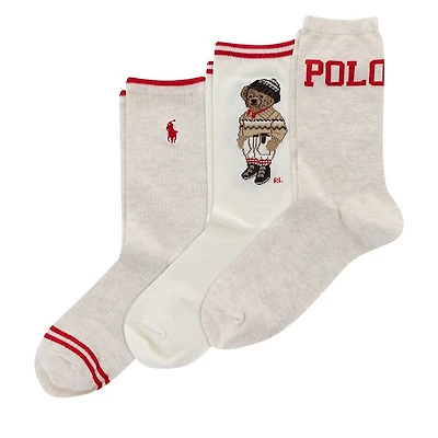 Polo Ralph Lauren 3-Pack Colorado Bear Crew Socks in Light Beige/Red/Off-White, Polyester