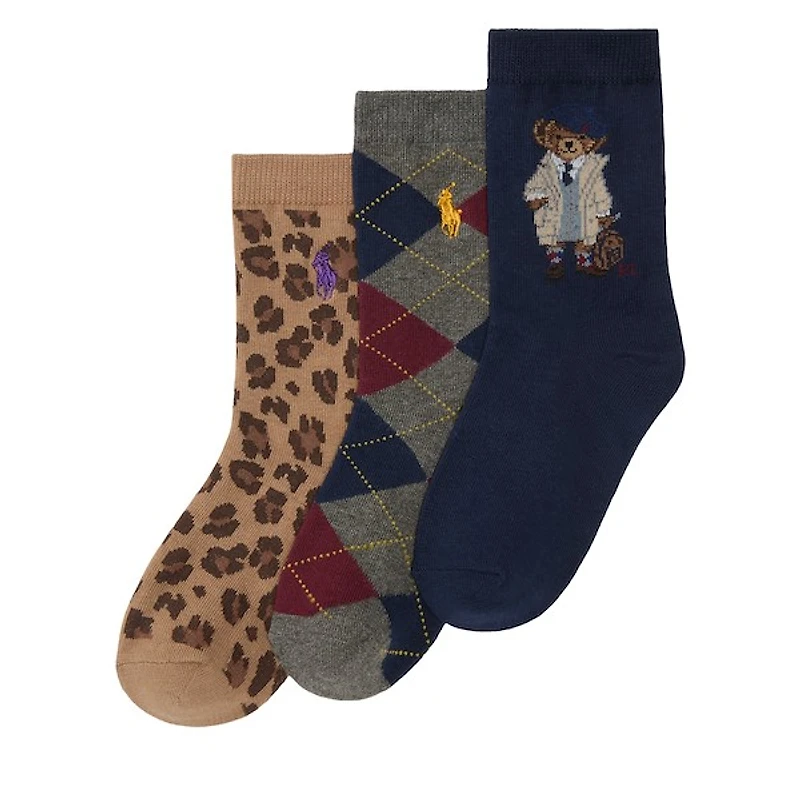 Polo Ralph Lauren Kid's 3-Pack Back to School Bear Crew Socks in Navy/Gray/Tan in Marine, Polyester