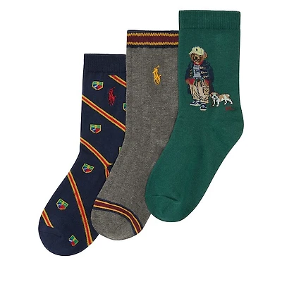 Polo Ralph Lauren Kid's 3-Pack Back to School Bear Crew Socks in Navy/Gray/Green, Polyester