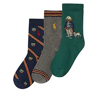 Polo Ralph Lauren Kid's 3-Pack Back to School Bear Crew Socks in Navy/Gray/Green, Polyester