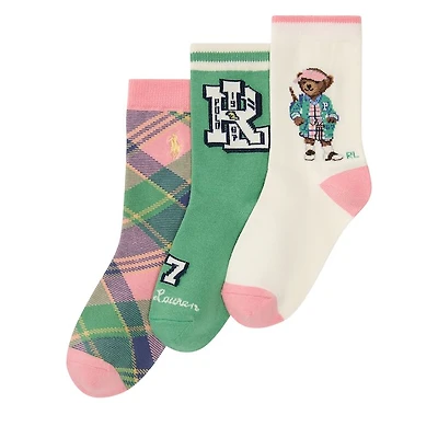 Polo Ralph Lauren Kid's 3-Pack Savannah Girl Crew Socks in Pink/Green/Cream, Polyester