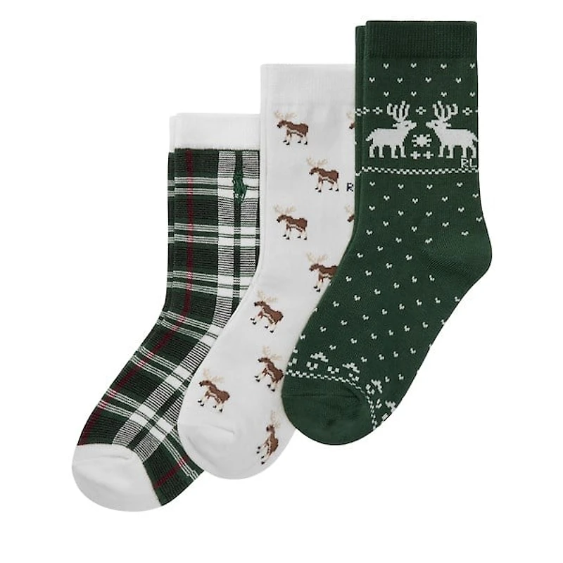 Polo Ralph Lauren Kid's 3-Pack Holiday Moose Crew Socks in White/Green/Black, Polyester