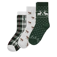 Polo Ralph Lauren Kid's 3-Pack Holiday Moose Crew Socks in White/Green/Black, Polyester