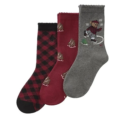 Polo Ralph Lauren Kid's 3-Pack Skating Bear Crew Socks in Red/Black/Gray in Bordeaux Div., Polyester