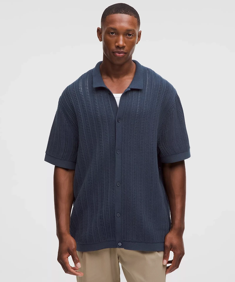 Cotton-Blend Open-Knit Button Up