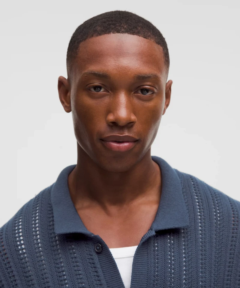 Cotton-Blend Open-Knit Button Up