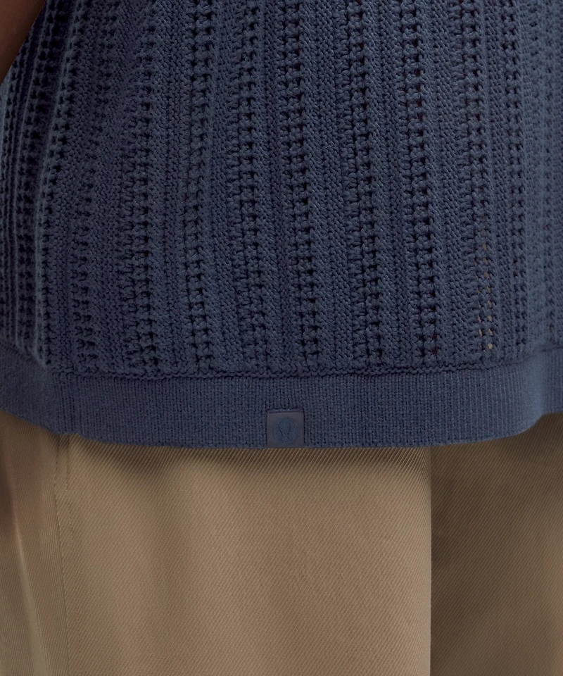 Cotton-Blend Open-Knit Button Up