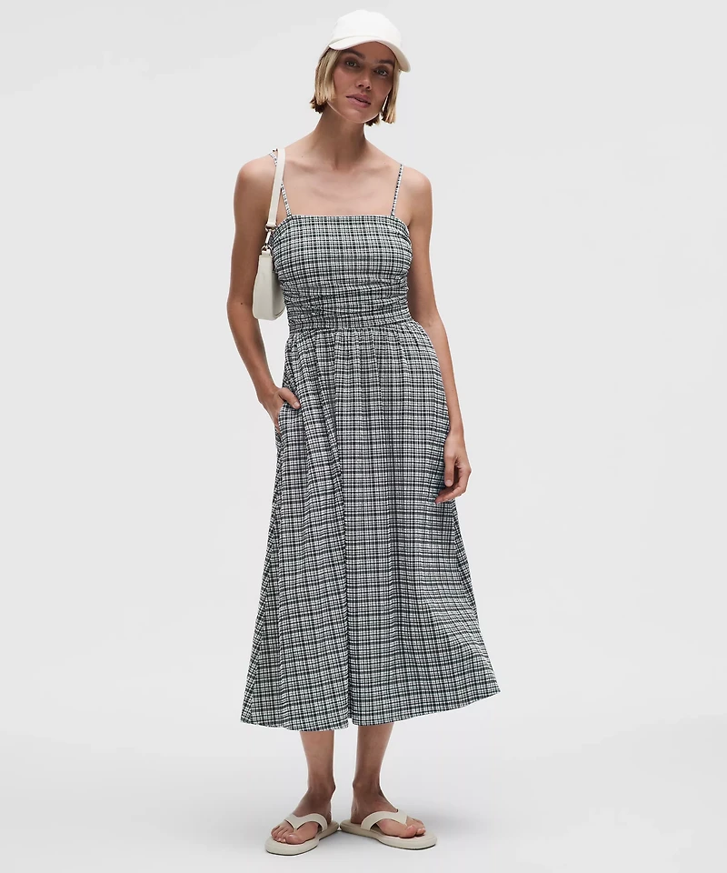 Seersucker Check Ruched Midi Dress | Women's Dresses