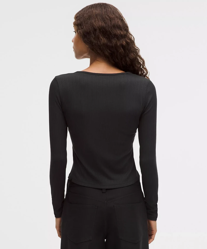Hold Tight Micro-Rib V-Neck Long-Sleeve Shirt