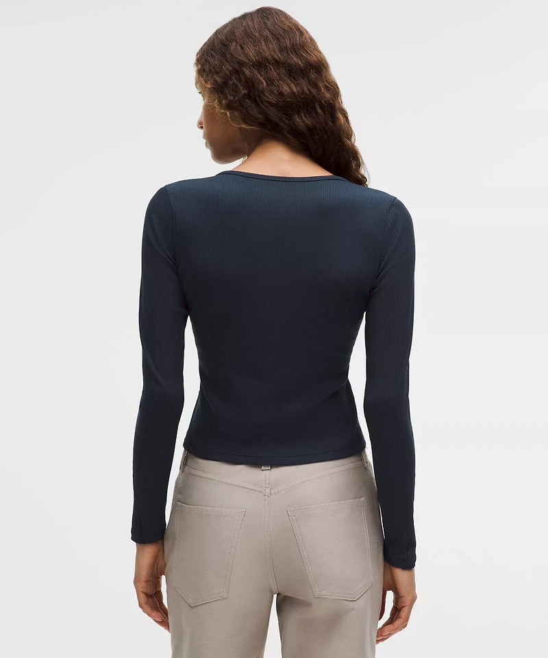 Hold Tight Micro-Rib V-Neck Long-Sleeve Shirt