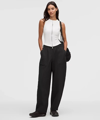 Crinkle Nylon Mid-Rise Barrel-Leg Pant