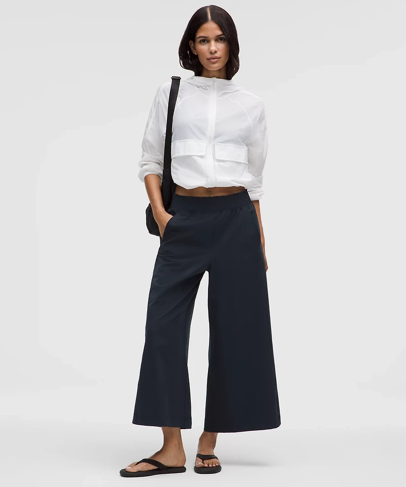 Stretch Woven Ruffle-Waist Wide-Leg Cropped Pant | Women's Capris