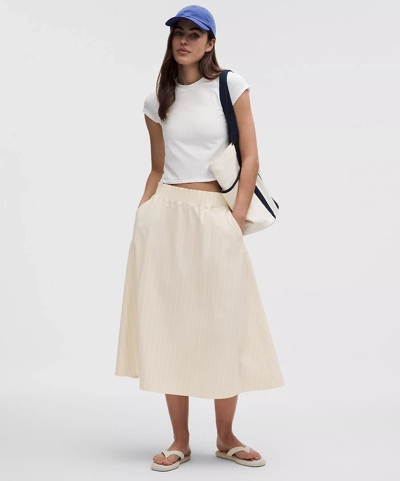 Stretch Woven Ruffle-Waist Midi Skirt