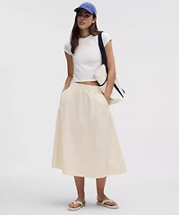 Stretch Woven Ruffle-Waist Midi Skirt