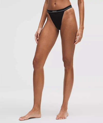 Stretch Cotton Ribbed Logo High-Rise Thong Underwear | Women's