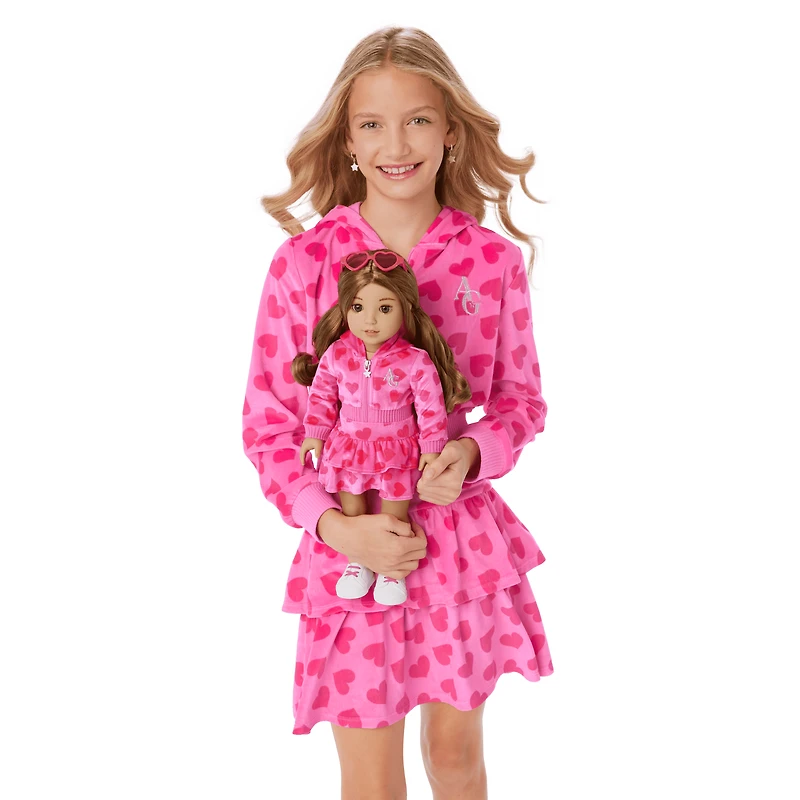 Pink Hearts Hoodie Dress for Girls & 18-inch Dolls