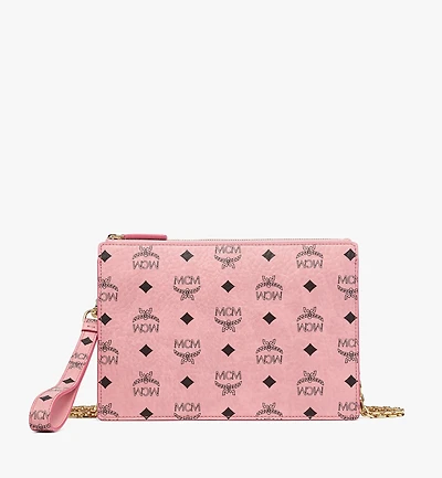 Wristlet Standing Pouch With Chain Strap in Visetos