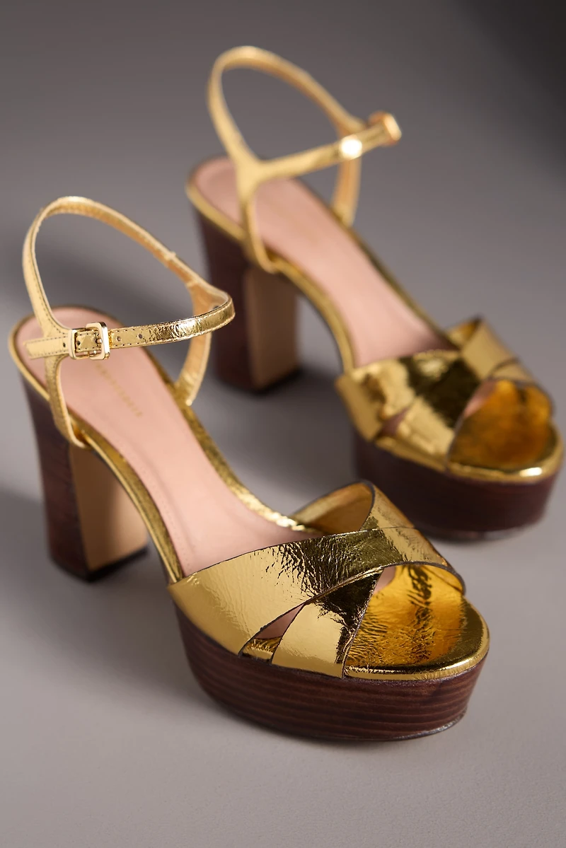 Cross-Strap Wood-Bottom Platform Heels