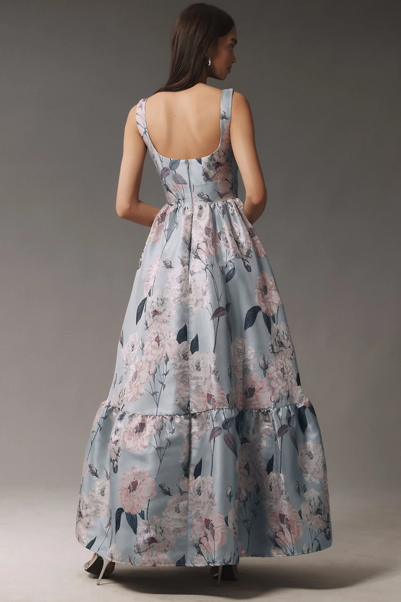 Mac Duggal Square-Neck Floral Printed Satin Maxi Dress
