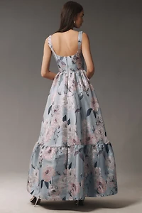 Mac Duggal Square-Neck Floral Printed Satin Maxi Dress