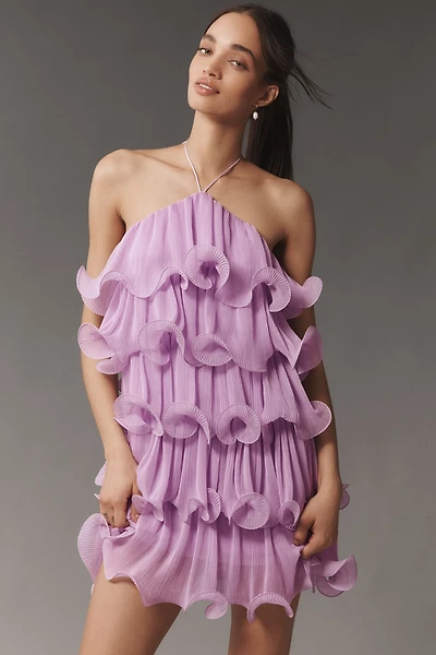 Mac Duggal Halter Tiered Ruffle Crinkle Chiffon Mini Dress