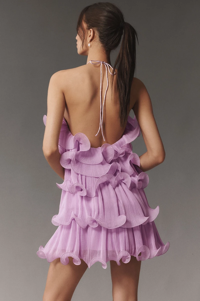 Mac Duggal Halter Tiered Ruffle Crinkle Chiffon Mini Dress