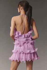 Mac Duggal Halter Tiered Ruffle Crinkle Chiffon Mini Dress