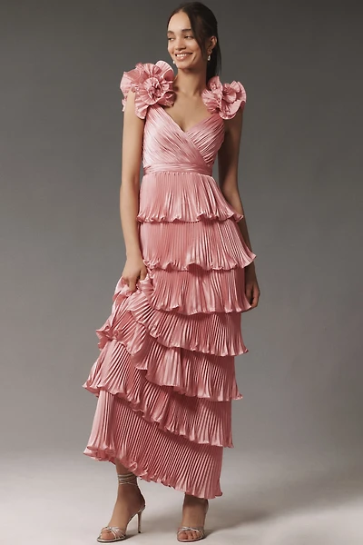 Mac Duggal Floral-Strap Tiered Ruffled Pleated Satin Maxi Dress