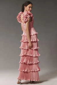 Mac Duggal Floral-Strap Tiered Ruffled Pleated Satin Maxi Dress