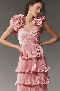Mac Duggal Floral-Strap Tiered Ruffled Pleated Satin Maxi Dress