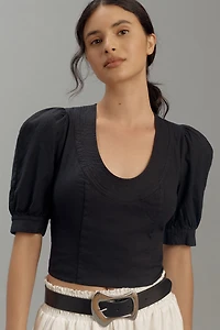 Puff-Sleeve Scoop-Neck Linen Top