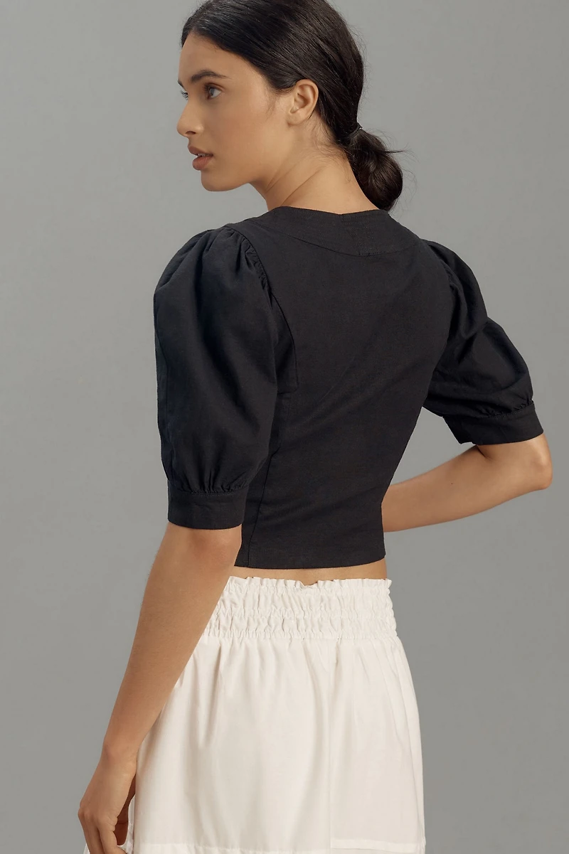 Puff-Sleeve Scoop-Neck Linen Top