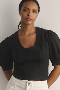 Puff-Sleeve Scoop-Neck Linen Top