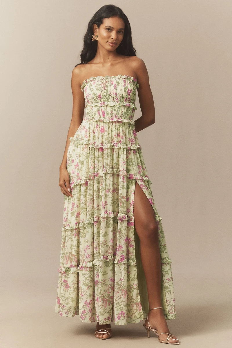 BHLDN Floral Chiffon Strapless Ruched Tiered A-Line Midi Dress