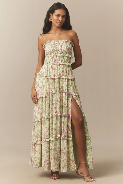 BHLDN Floral Chiffon Strapless Ruched Tiered A-Line Midi Dress