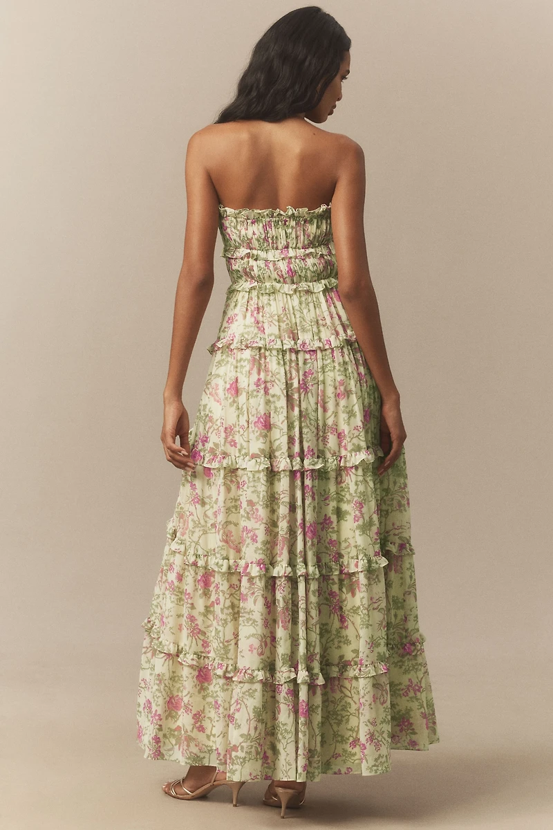 BHLDN Floral Chiffon Strapless Ruched Tiered A-Line Midi Dress