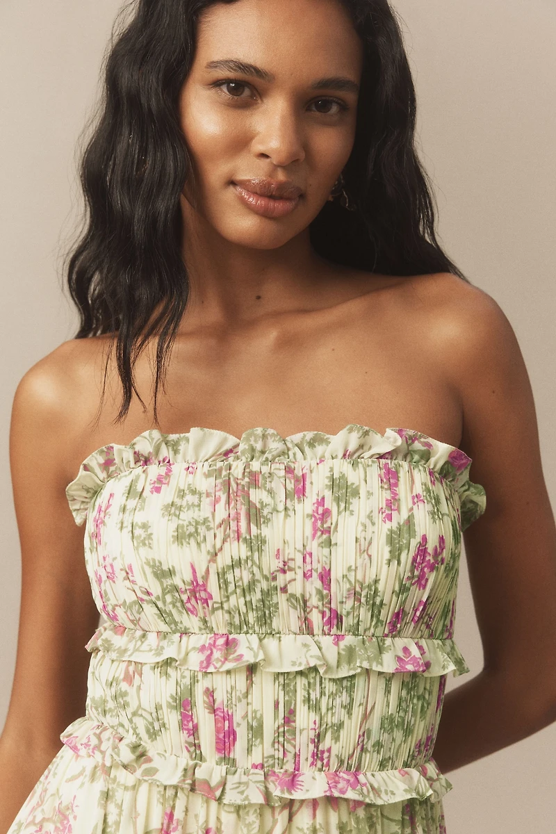 BHLDN Floral Chiffon Strapless Ruched Tiered A-Line Midi Dress