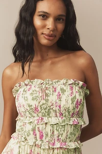 BHLDN Floral Chiffon Strapless Ruched Tiered A-Line Midi Dress