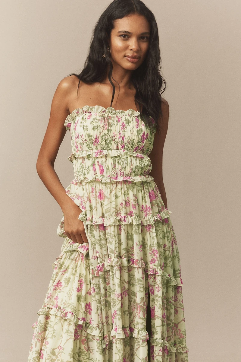 BHLDN Floral Chiffon Strapless Ruched Tiered A-Line Midi Dress