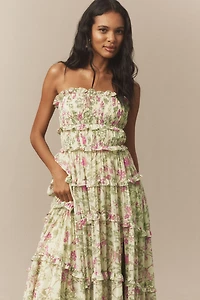 BHLDN Floral Chiffon Strapless Ruched Tiered A-Line Midi Dress