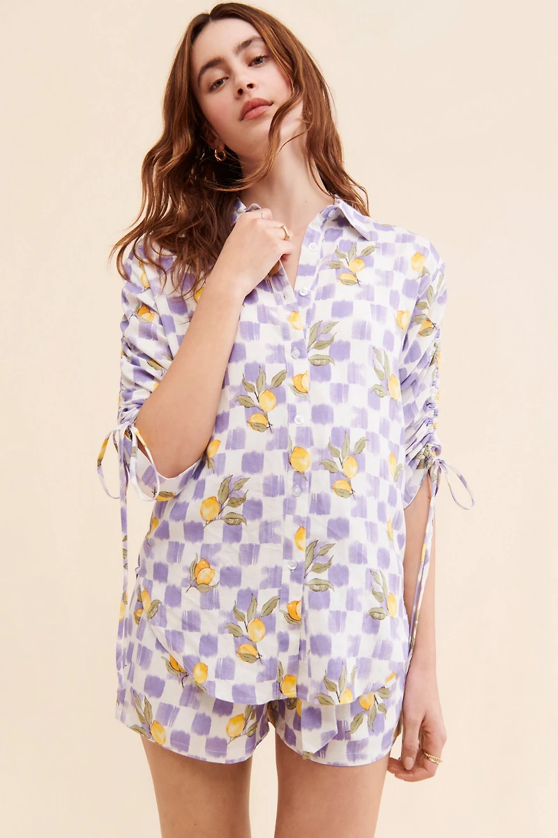 La Porte Lemon Printed Cinch Sleeve Shirt