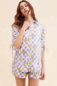 La Porte Lemon Printed Cinch Sleeve Shirt