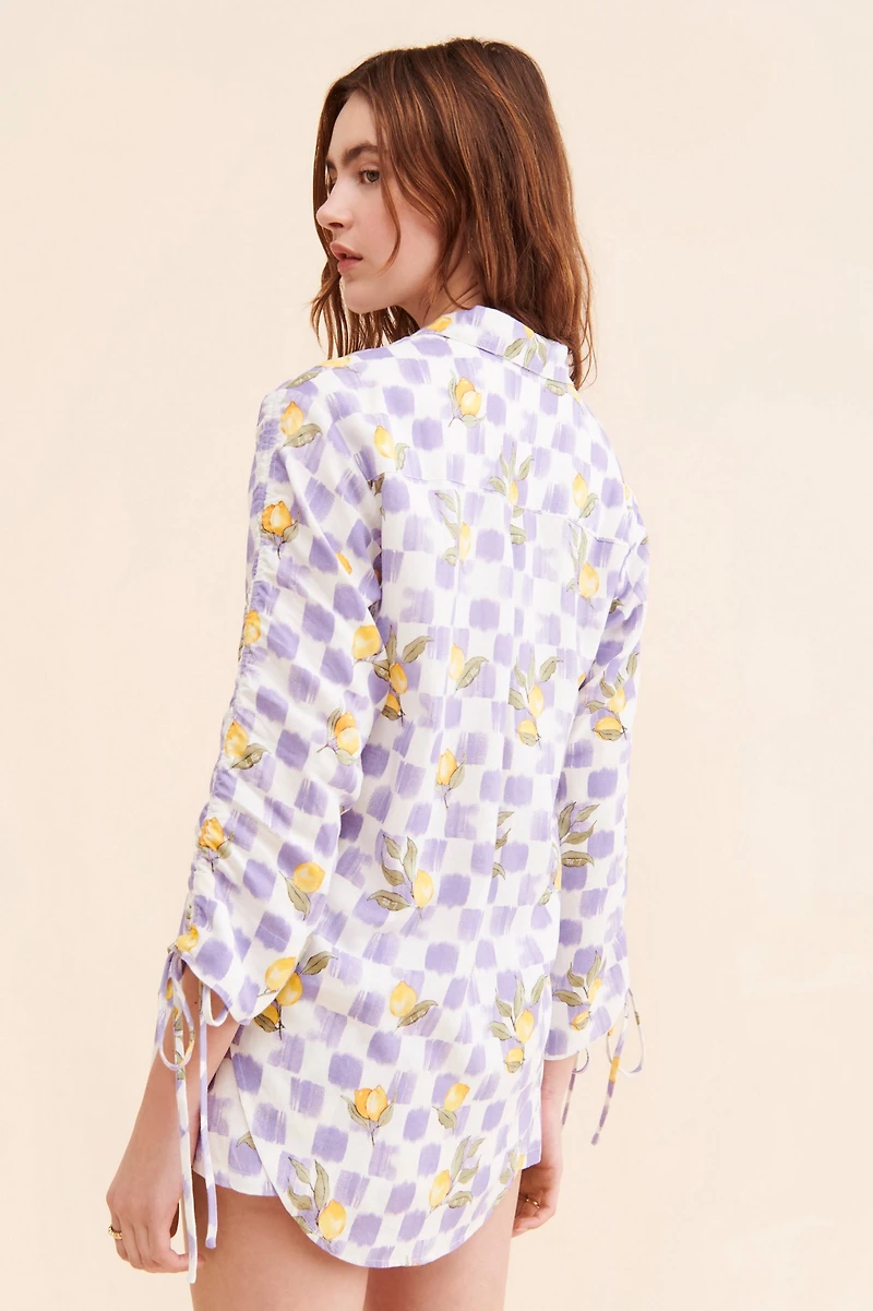 La Porte Lemon Printed Cinch Sleeve Shirt