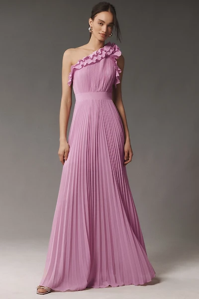 Dress The Population Vida One-Shoulder Pleated Chiffon Maxi