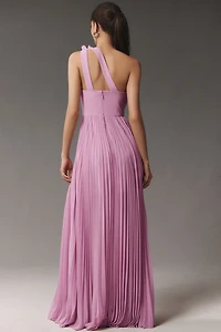 Dress The Population Vida One-Shoulder Pleated Chiffon Maxi