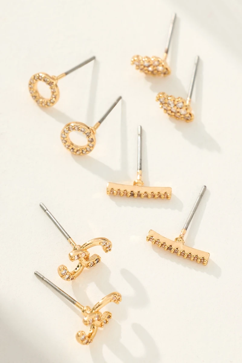 Mixed Shape Crystal Post Earrings, Set of 4