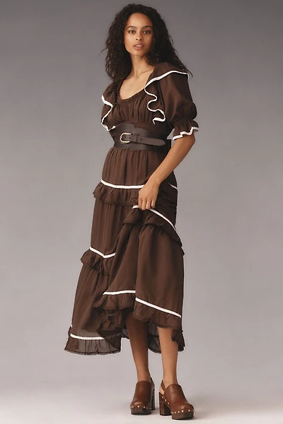 Puff-Sleeve Scoop-Neck Tiered Maxi Dress
