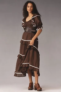 Puff-Sleeve Scoop-Neck Tiered Maxi Dress