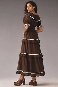 Puff-Sleeve Scoop-Neck Tiered Maxi Dress